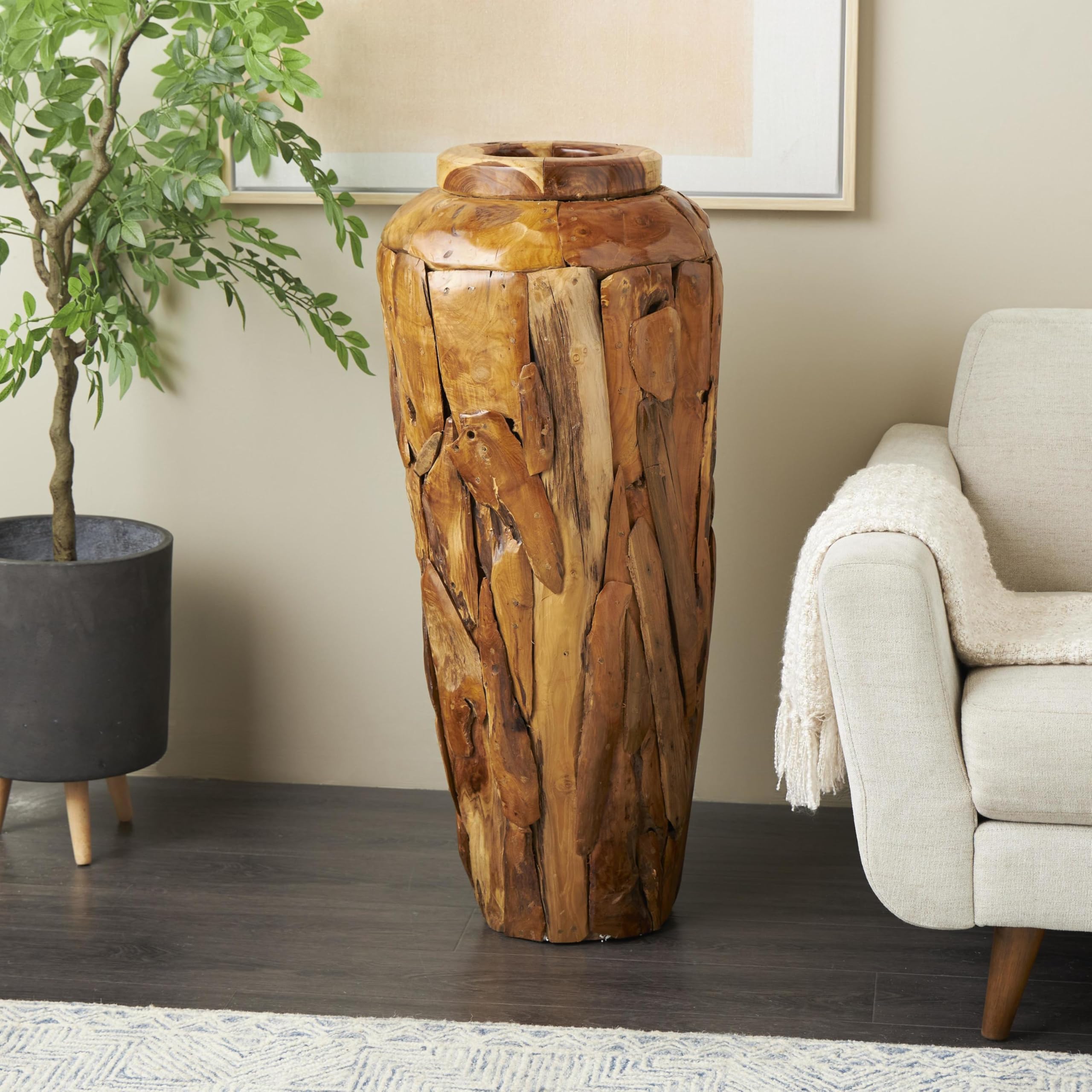 Deco 79 Teak Wood Handmade Tall Floor Vase with Mosaic Live Edge